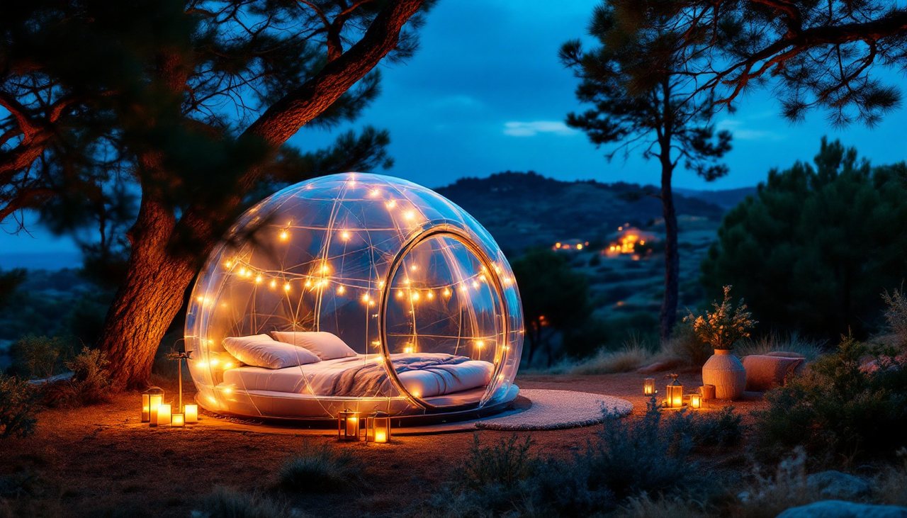 Bulle transparente éclairée de guirlandes, avec un lit, au milieu des pins à la tombée de la nuit (illustration)