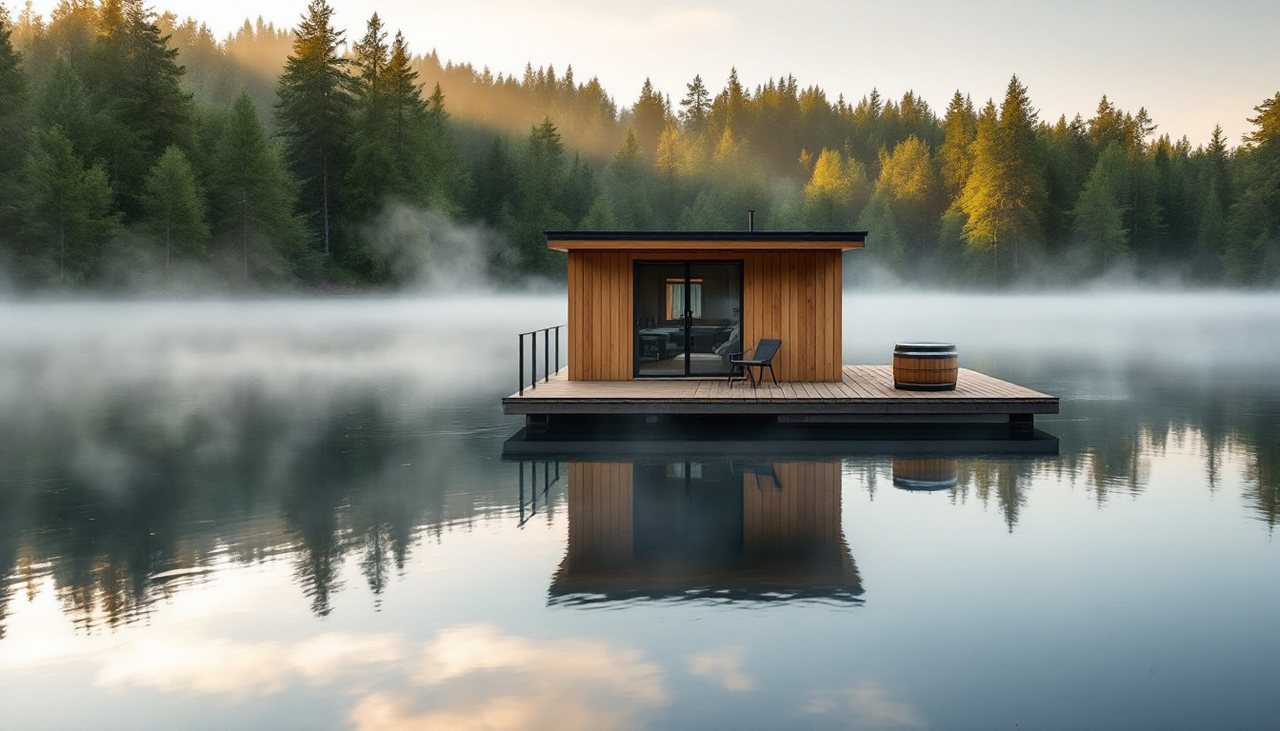 Cabane en bois flottant sur un lac au lever du soleil, dans la brume, entourée de forêt (illustration)