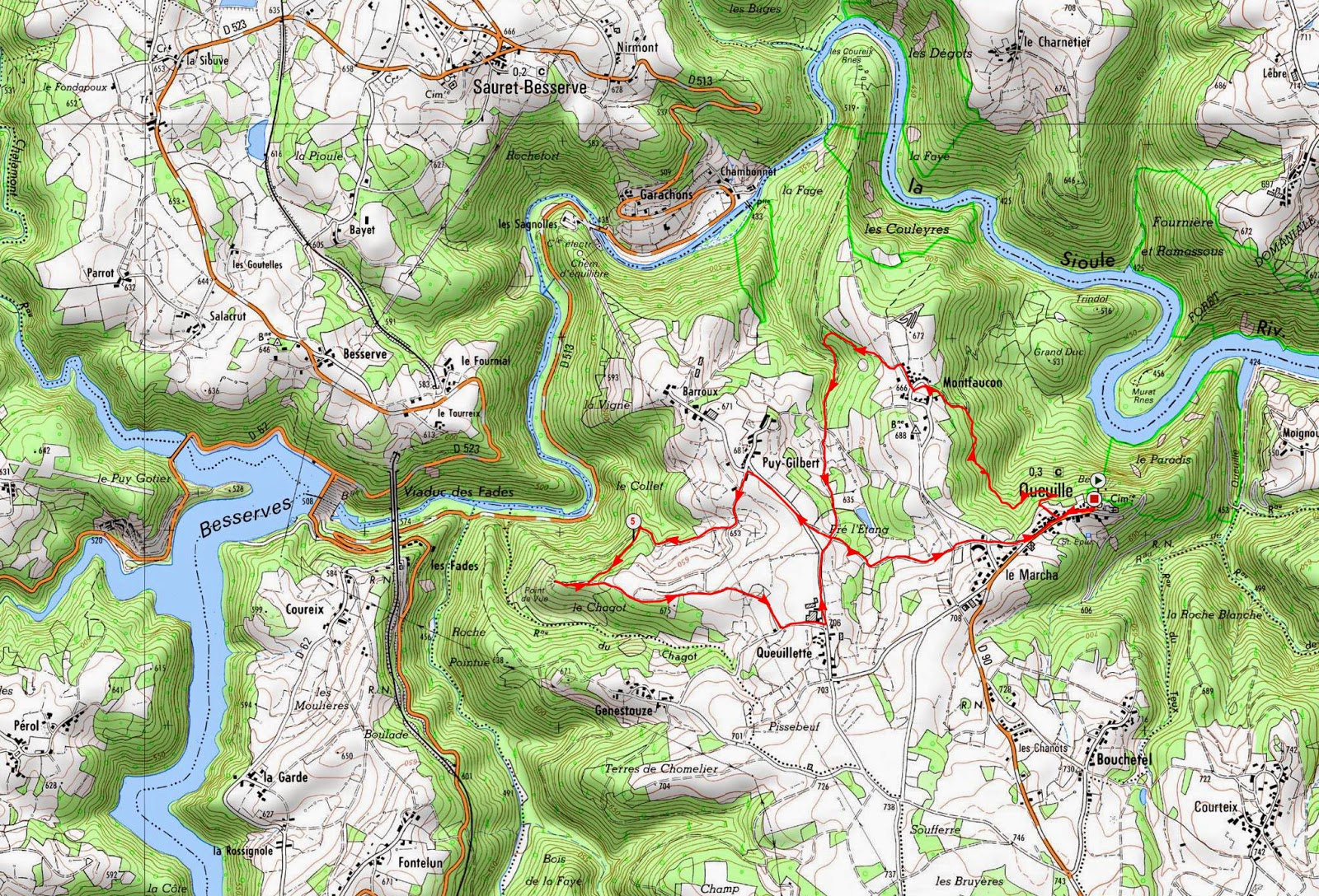 carte rando méandre de Queuille